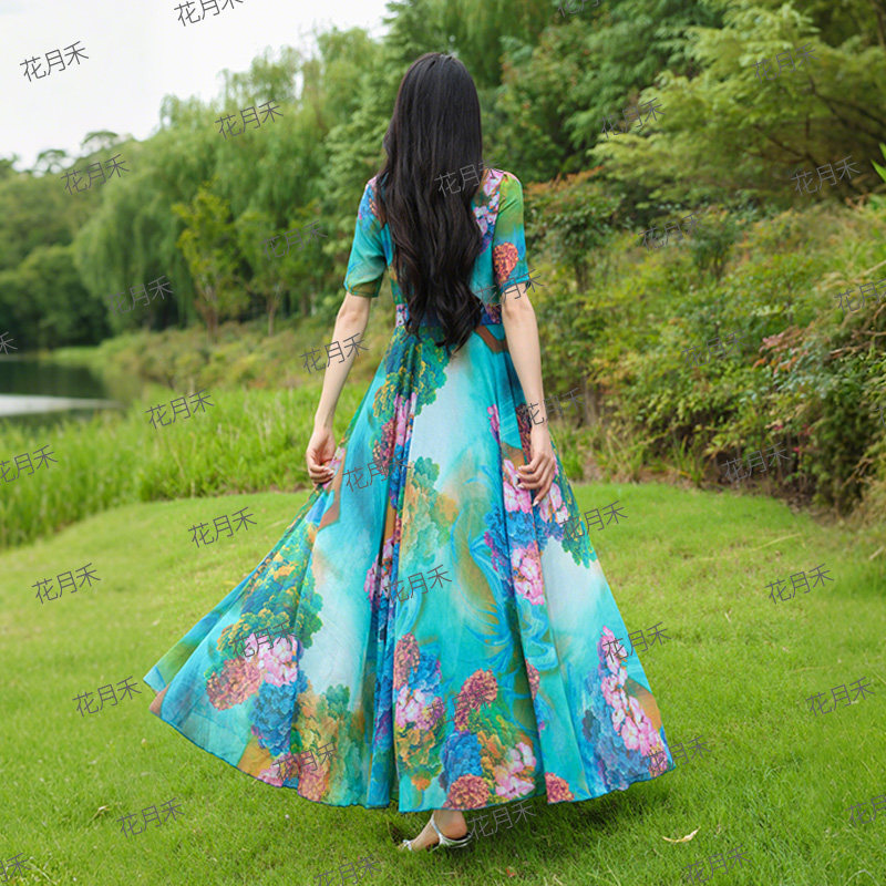 2025年秋冬新款印花连衣裙显瘦旅游度假宴会表演长裙雪纺裙沙滩裙,淘宝优惠券,粉丝福利购,淘宝优惠卷