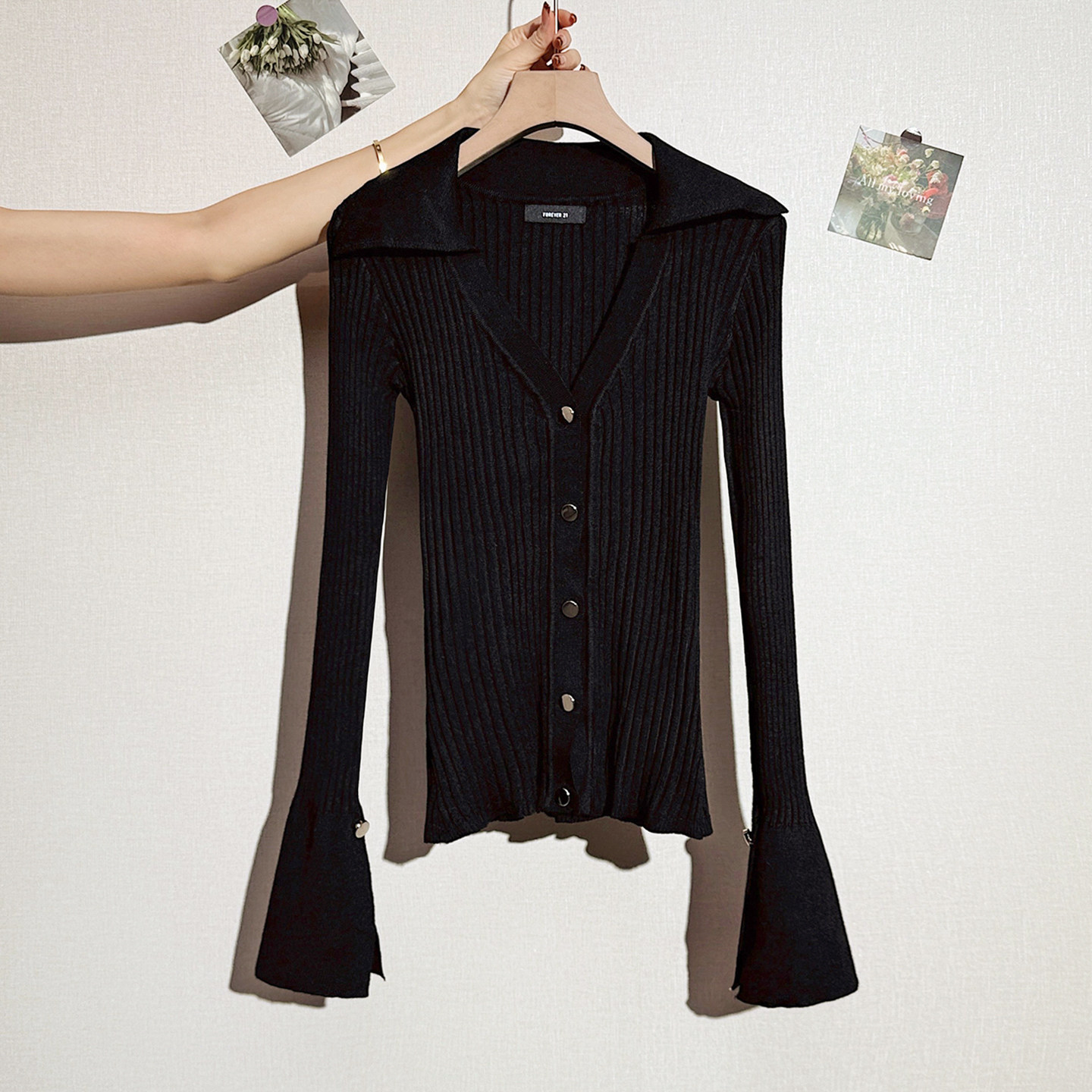 拉夏贝尔春新款黑色长袖v领针织开衫女喇叭袖上衣内搭气质打底衫,淘宝优惠券,粉丝福利购,淘宝优惠卷