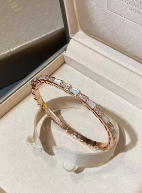 欧美蛇骨白贝母相简18K金玫瑰金黄金螺丝手镯女款轻奢镶钻手环女