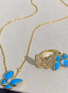 18K金项链玫瑰金黄金蝴蝶满钻项链孔雀石绿松石白贝母镶钻项链