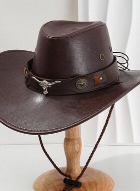 Unisex Vintage Faux Leather Western Cowboy Hat Outdoor Gentl