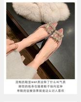 Hong Kong Flat Bottom Single Shoe Female Water Drill Square Button 2023 Spring Autumn New Light Mouth Pointed Women Shoes Wedding Shoes 100 Hitch Shoes