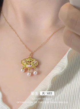 金店同款画油荷花吊珍珠越南沙金粉金锦鲤如意花牌锁包吊坠鲤鱼锁