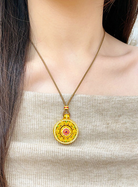 沙金珐琅点钻花丝红绿荷花罗盘吊坠项链可转动如意圆盘挂坠送女友