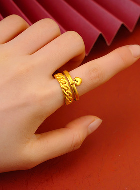 心麻花双层戒指复古戒指沙金戒指女心形磨砂开口女黄金戒指