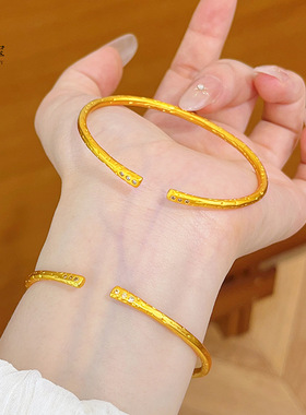 新中式古法沙金点钻锤纹手镯细款叮当开口素圈镯子小众简约送女友