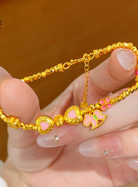 金店同款越南沙金烧蓝拉丝猫眼蝴蝶结粉木马手链花朵珠手串国风女