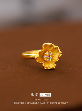利拉丝小兰花戒指中古风温柔众设计点钻金花朵越南沙金戒指女