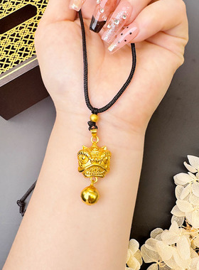 国潮中国风舞狮头铃铛黑绳项链女越南沙金高保色吉祥黄金饰品
