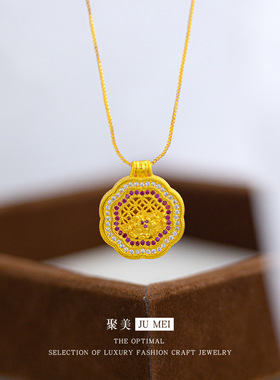 新中式设计感越南沙金镂空花丝唐潮盛唐牡丹吊坠女点钻红吊坠项链