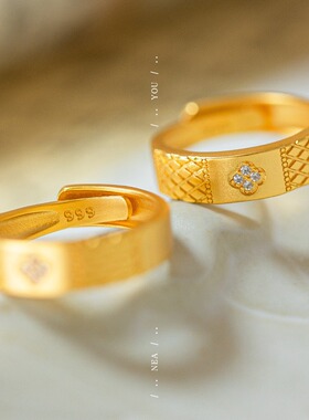 小众高级感冷淡风黄金四叶草戒指古法沙金轻奢四叶草点锡金戒指环