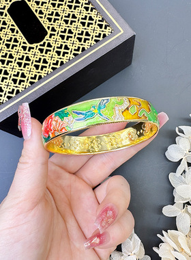 古法越南沙金桃花手镯烤漆珐琅彩花朵中国风百搭久不掉色黄金饰品