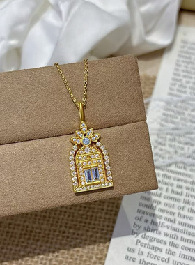 小众设计感轻奢满钻城堡项链越南沙金轻奢蓝钻幸福门锁仿真金骨链