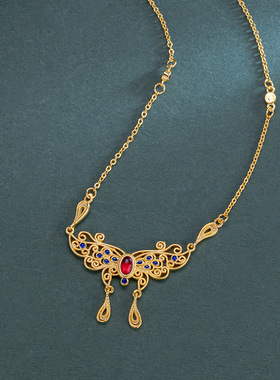 越南沙金花丝庄生梦蝶套链女锁骨链蝴蝶红宝石凤尾链黄金项链首饰