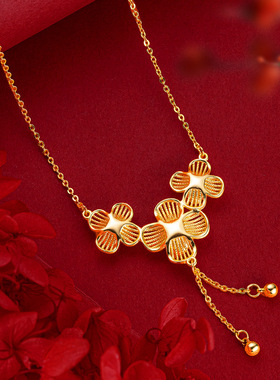 国潮沙金高级感镂空花朵项链黄金花朵锁骨项链新娘婚庆锡金首饰