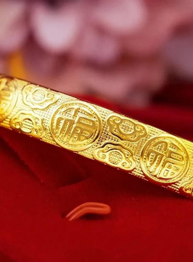 越南沙金百福心经手镯黄镀金复古开口内刻经文时尚女士手镯配饰