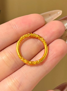 金店同款沙金古法卷草纹素圈戒指实心紫荆花闭口指环精致女送礼物