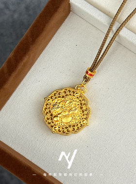 新中式设计感镂空幸福双葫芦花丝福禄吊坠越南沙金古法金挂绳项链