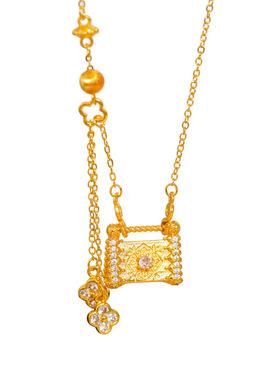 金店同款越南沙金拉丝镶钻锁包流苏项链新中式四叶草平安锁骨链女