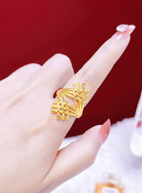 沙金戒指镂空古法时尚女款黄金指环活口可调古法时尚锡金饰品