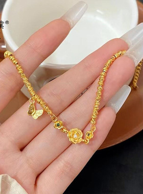 金店同款沙金新中式国潮风玫瑰花小蝴蝶手链轻奢小众黄金手饰女