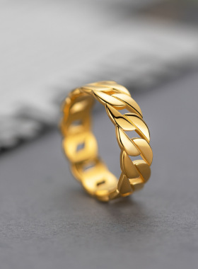 热卖古巴链条沙金指环时尚ins简约网红黄金冷淡风链条锡金戒指