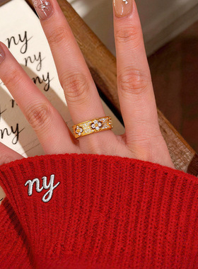 小书同款镂空白钻四叶草戒指越南沙金满天星幸运草花卉指环送女友