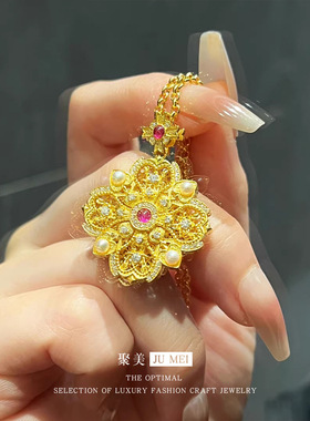 新中式越南沙金轻奢宝相繁花沙金害死手工镶钻珍珠女四叶草形项链