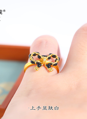久不掉色越南沙金黑色编织蝴蝶结戒指开口可调节在逃公主食指戒女