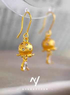 越南沙金复古新中式宫廷风拉丝镶钻水滴铃兰花吊坠项链耳钉高级感