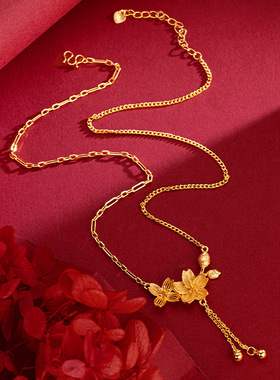 越南沙金镀金双生花锁骨套链 周家同款婚庆新娘花嫁花朵锁骨项链