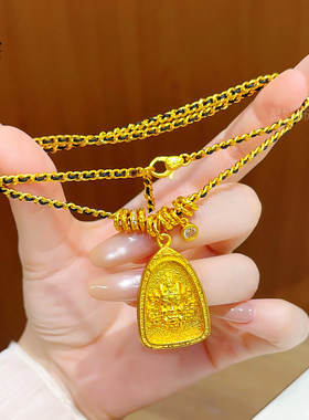 新中式越南沙金三角牌黄财神黑绳编织盘缠吊坠项链五路财神挂男女