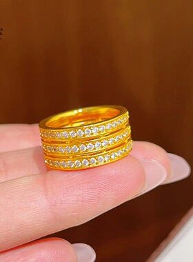 新中式越南沙金镂空三排钻戒指宽面白序锆石排戒食指戒气质女送礼
