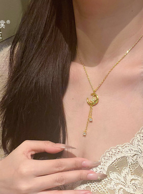 金店同款越南沙金镶钻弯月蝴蝶流苏项链女甜美日常百搭锁骨链