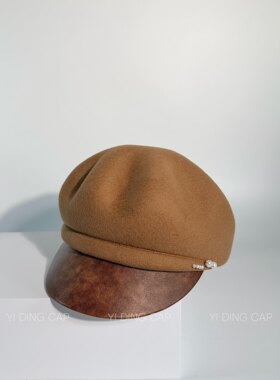 秋冬英伦风纯羊毛马术帽女皮檐拼接珍珠装饰设计感鸭舌帽复古礼帽
