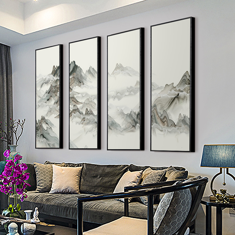 新中式客厅沙发背景墙装饰画茶室禅意水墨挂画办公室四联山水壁画 - 图1