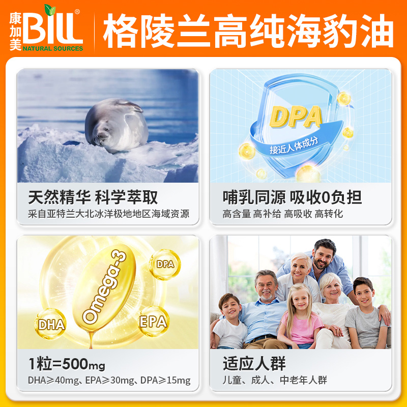 BILL加拿大海豹油胶囊500mg300粒 高纯度Omega3 心脑血管三高保健 - 图0