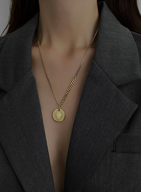 欧美硬币毛衣链项链复古金色钱币
