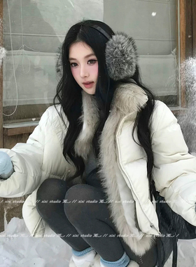 韩系灰色防狐狸毛耳罩保暖加绒