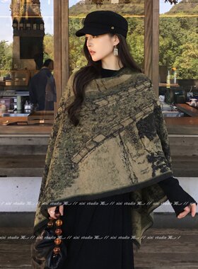 新中式双面黑色银杏叶开衫披肩