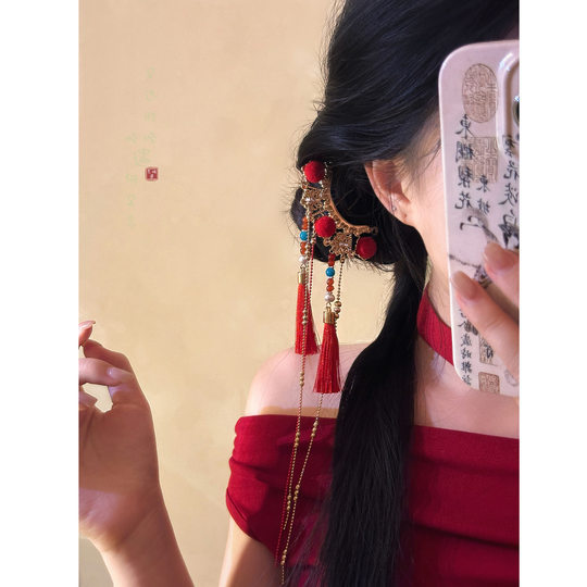 Праздничная красная заколка для волос с кисточкой и кисточкой