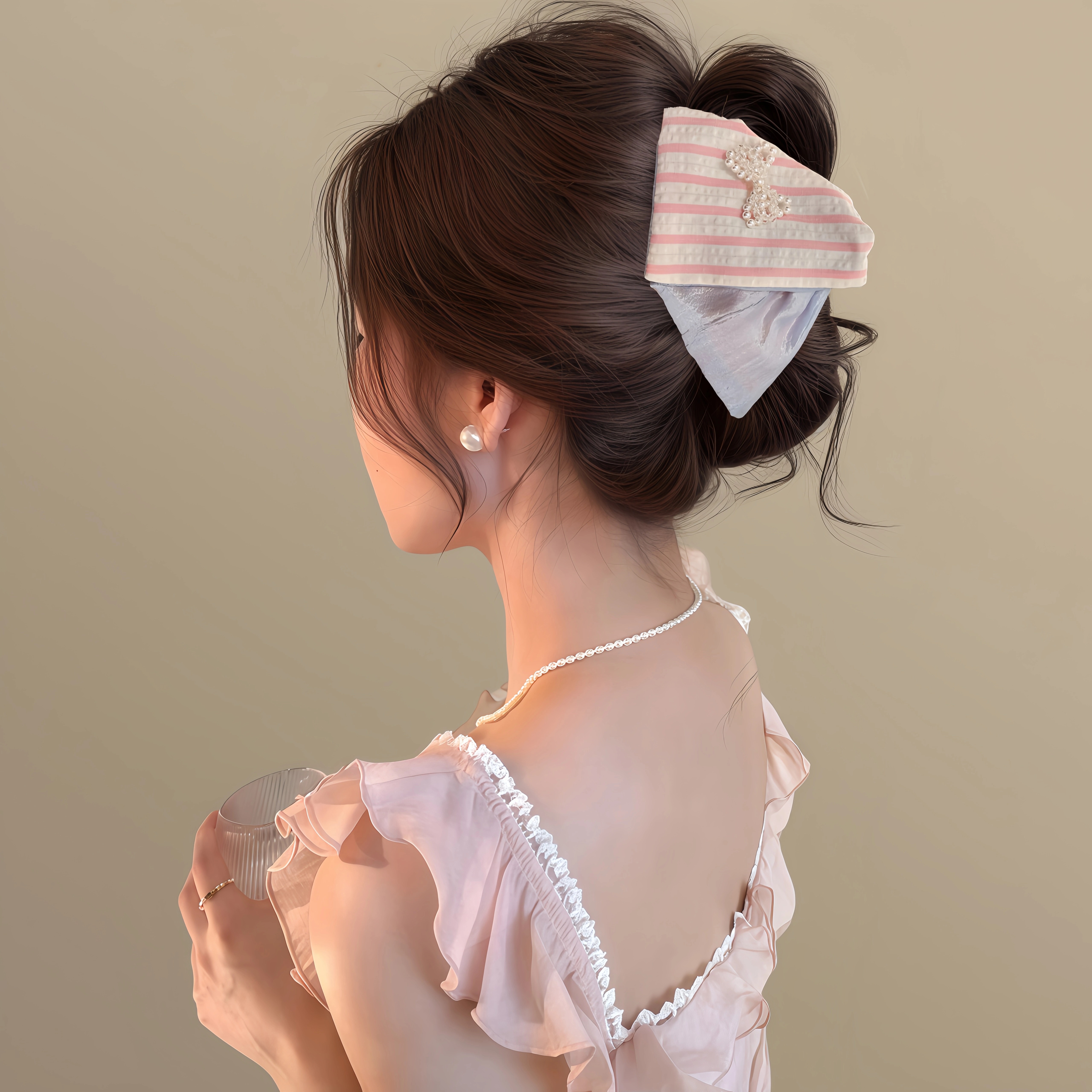 韩系漫粉！三角条纹蝴蝶结抓夹！2025新款少女感后脑勺鲨鱼夹头饰 - 图0