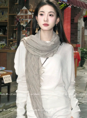 复古文艺风棉麻褶皱长围巾纱巾