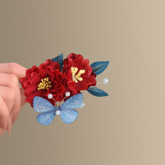 十里红妆~新中式红色花朵发夹新娘旗袍结婚盘发头饰订婚旅行发卡