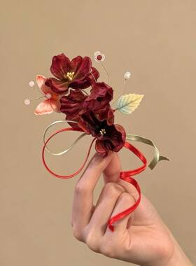 「红楹花喜」新中式红色花朵发夹