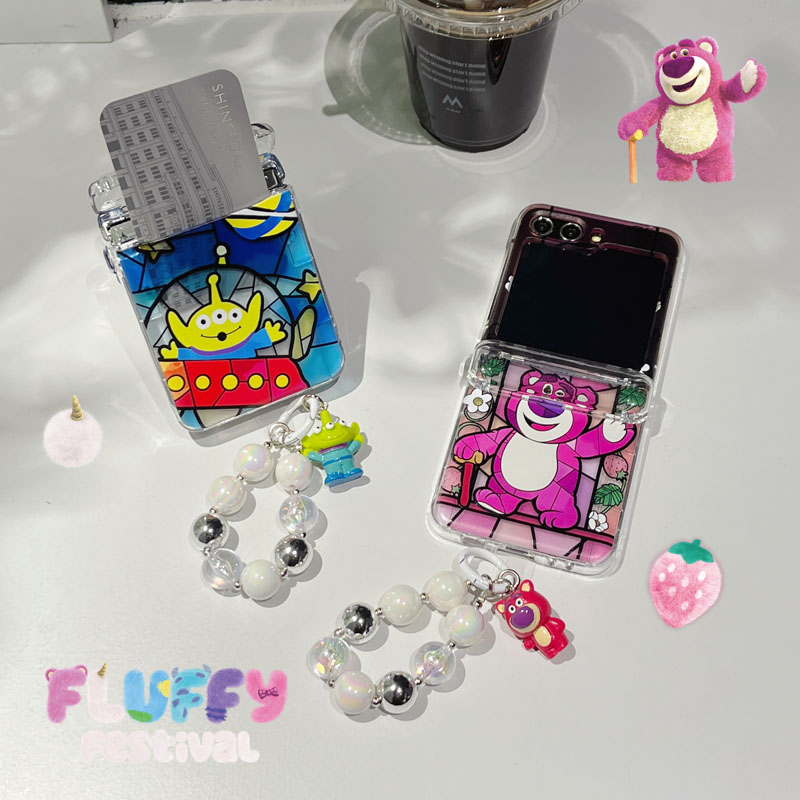 适用三星zflip5手机壳可爱卡通半透三眼草莓熊侧边全包插卡硬zlip4保护套新款zflip 3壳折叠屏手提短手绳公仔