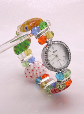 高颜值学生版弹力绳千花琉璃幻彩闪钻伸缩带手排可看时间手链表