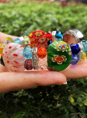 跨境彩色大号千花琉璃手镯串珠花朵手链欧美外贸个性新款手链饰品