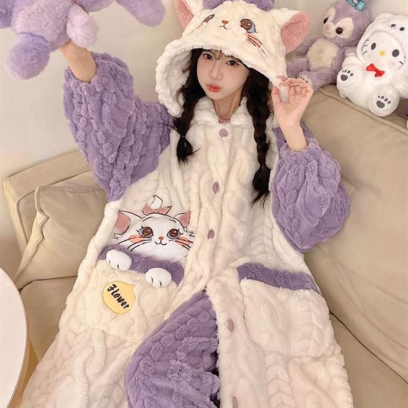 珊瑚绒秋冬季睡衣女加绒厚中长款裤子卡通舒棉袍可爱家居服套装 - 图1