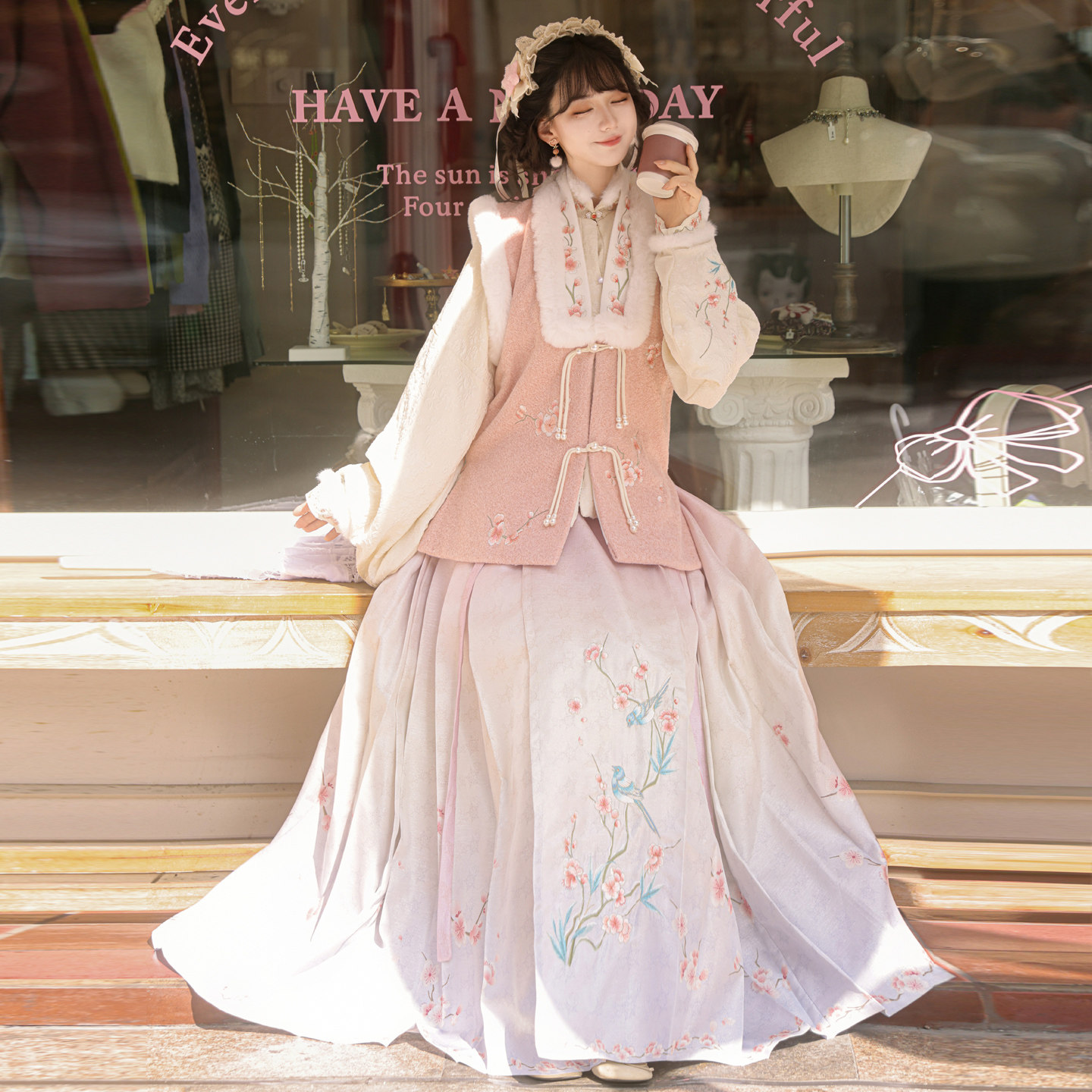 汉服女阑珊小记原创鹊枝春明制加绒对襟袄比甲立领琵琶袖马面裙冬,淘宝优惠券,粉丝福利购,淘宝优惠卷